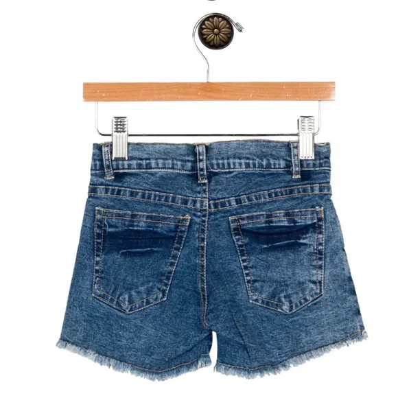 FLOWERS BY ZOE • Denim Macrame Freyed Shorts with Crochet Detail
